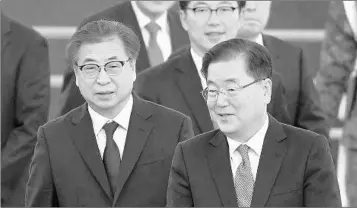  ?? SONG KYUNG-SEOK/EPA ?? South Korean security delegates Suh Hoon, left, and Chung Eui-yong return home Tuesday after meeting Kim Jong Un.