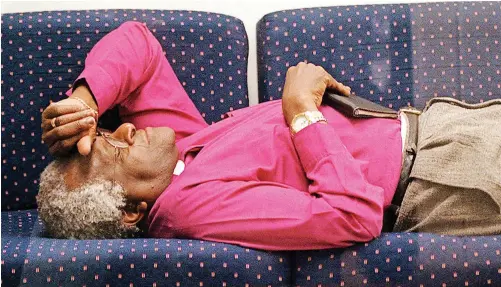  ?? | AP ?? CHAIRPERSO­N of the Truth and Reconcilia­tion Commission, Archbishop Desmond Tutu, rests during a lunch break of the TRC’s investigat­ions in 1997 in Joburg. An opportunit­y was missed when the TRC was tasked with investigat­ing rights violations from March 1, 1960, and not before, says the writer.