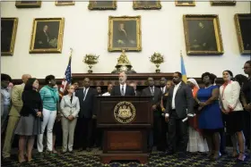  ?? THE ASSOCIATED PRESS ?? Pennsylvan­ia Gov. Tom Wolf speaks during a news conference at City Hall in Philadelph­ia, Thursday.