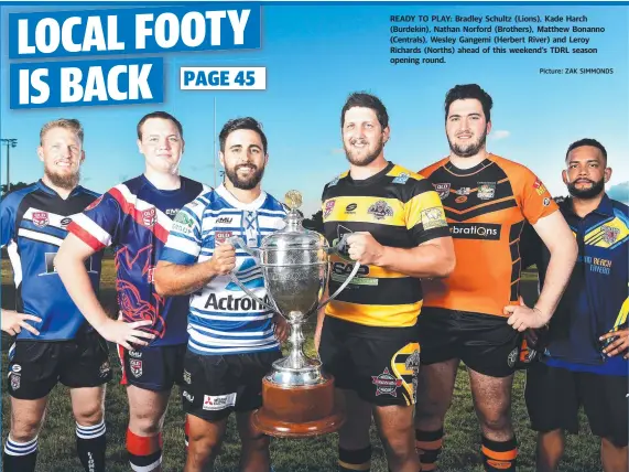  ?? Picture: ZAK SIMMONDS ?? READY TO PLAY: Bradley Schultz (Lions), Kade Harch (Burdekin), Nathan Norford (Brothers), Matthew Bonanno (Centrals), Wesley Gangemi (Herbert River) and Leroy Richards (Norths) ahead of this weekend’s TDRL season opening round.