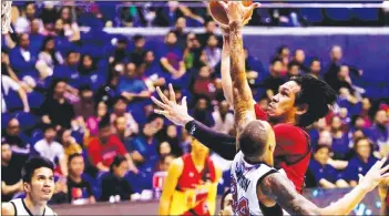  ?? (PBA photo) ?? After winning his fifth-straight PBA MVP trophy, San Miguel Beermen center June Mar Fajardo said the team is focused on nabbing a fifth straight PBA Philippine Cup title. The 2019 season opened last night at the Philippine Arena in Bocaue, Bulacan.
