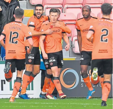  ?? Pictures: SNS. ?? Above: Dundee United scorer Paul Watson celebrates what turned out to be his winner in Dingwall with his team-mates. Above right: United goalkeeper Benjamin Siegrist collects a cross into the box.