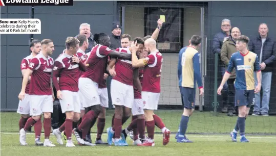  ??  ?? Sore one Kelty Hearts celebrate during their win at K-Park last month