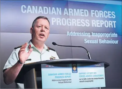  ?? CP PHOTO ?? Jonathan Vance, the Chief of the Defence Staff speaks during a Canadian Armed Forces press conference at the National Defence Headquarte­rs in Ottawa Friday addressing inappropri­ate sexual behaviour in the forces.