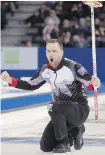  ?? JONATHAN HAYWARD, CP ?? Canada skip Brad Gushue celebrates his gold-medal win over Sweden in Edmonton on Sunday.