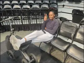  ?? DOUG FEINBERG — THE ASSOCIATED PRESS ?? Las Vegas Aces WNBA basketball player Chelsea Gray wears a boot during a team availabili­ty at Barclays Center in New York on Tuesday.