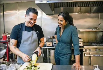  ?? DOMINIC VALENTE/HULU ?? In the debut episode of “Taste the Nation,” Padma Lakshmi cooks with Emiliano Marentes, the first-generation Mexican American owner of Elemi restaurant in El Paso.