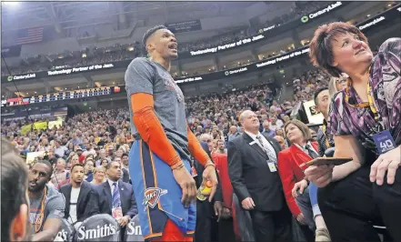  ?? [AP PHOTO] ?? Thunder superstar Russell Westbrook got into a heated verbal altercatio­n with a Utah Jazz fan on Tuesday night. Wednesday afternoon, the Jazz banned the fan from future games and the NBA fined Westbrook $25,000.