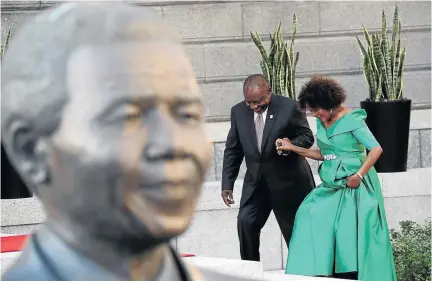  ?? / REUTERS/MIKE HUTCHINGS ?? President Cyril Ramaphosa and speaker Baleka Mbete arrive for the State of the Nation Address at parliament in Cape Town last night.