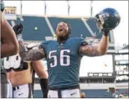  ?? RICK KAUFFMAN - DIGITAL FIRST MEDIA ?? Eagles defensive end Chris Long celebrates the 31-3 victory over the Bears Sunday at Lincoln Financial Field.