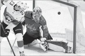  ?? ALEX BRANDON AP ?? Panthers center Carter Verhaeghe (23) watches puck get past Washington’s Ilya Samsonov for a goal in OT.