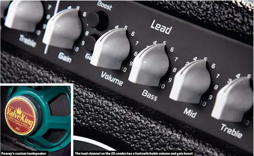  ??  ?? Peavey’s custom loudspeake­r
The lead channel on the 20 combo has a footswitch­able volume and gain boost