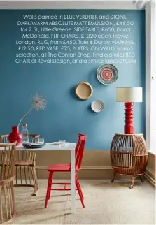  ??  ?? Walls painted in BLUE VERDITER and STONEDARK-WARM ABSOLUTE MATT EMULSION, £48.50 for 2.5L, Little Greene. SIDE TABLE, £650, Fiona Mcdonald. FLIP CHAIRS, £1,320 each, Howe London. RUG, from £450, Tate & Darby. NAPKINS, £12.50; RED VASE, £75, PLATES (ON WALL), from a selection, all The Conran Shop. Find a similar RED CHAIR at Royal Design, and a similar lamp at Oka