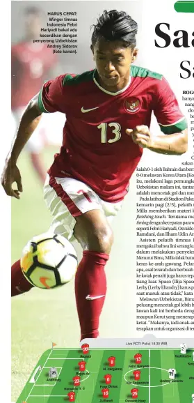  ??  ?? HARUS CEPAT: Winger timnas Indonesia Febri Hariyadi bakal adu kecerdikan dengan penyerang Uzbekistan Andrey Sidorov (foto kanan).