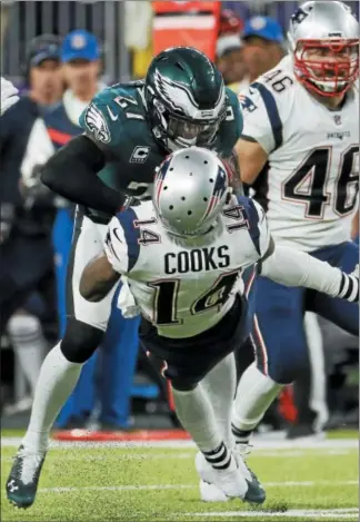  ?? MATT YORK — THE ASSOCIATED PRESS ?? The Eagles’ Malcolm Jenkins, top, hits the Patriots’ Brandin Cooks during the first half of Super Bowl 52 in Minneapoli­s. The hit was not penalized that night, but vicious hits like that one could draw referees’ ire this season.