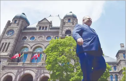  ?? CP PHOTO ?? Ontario premier-elect Doug Ford walks out onto the front lawn of the Ontario Legislatur­e at Queen’s Park in Toronto on June 8.