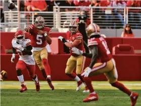  ?? Carlos Avila Gonzalez / The Chronicle ?? Trey Lance throws to Brandon Aiyuk in the first half of San Francisco’s 19-16 preseason loss to Kansas City at Levi’s Stadium.