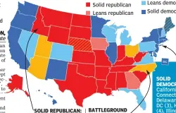  ??  ?? Solid republican Leans republican Battlegrou­nd Leans democrat Solid democrat