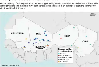  ??  ?? Military Interventi­ons and Security Operations in the Sahel Across a variety of military operations led and supported by western countries, around 24,000 soldiers with varying missions and mandates have been spread across the Sahel in an attempt to stem the expansion of ethnic and jihadist violence.