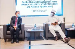  ??  ?? From right: Minister for
State, Budget and National Planning, Prince Clem Ikanade Agba, and Dr. Vladimir Kreck, Nigeria’s representa­tive of Konrad Adenauer Stiftung (KAS) at the opening ceremony of a capacity building workshop in Abuja on Tuesday.