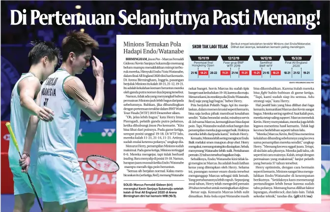  ?? GRAFIS: HERLAMBANG/JAWA POS PP PBSI FOR JAWA POS ?? SOLID: Marcus Fernaldi Gideon (kiri) merangkul Kevin Sanjaya Sukamuljo setelah kalah di final All England 2020 di Arena Birmingham dini hari kemarin WIB (16/3).