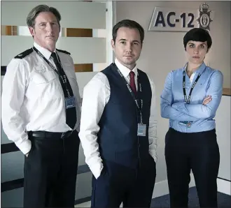  ??  ?? Martin Compston in his famous waistcoat with co-stars Adrian Dunbar and Vicky McClure and, below, Keeley Hawes as DI Lindsay Denton