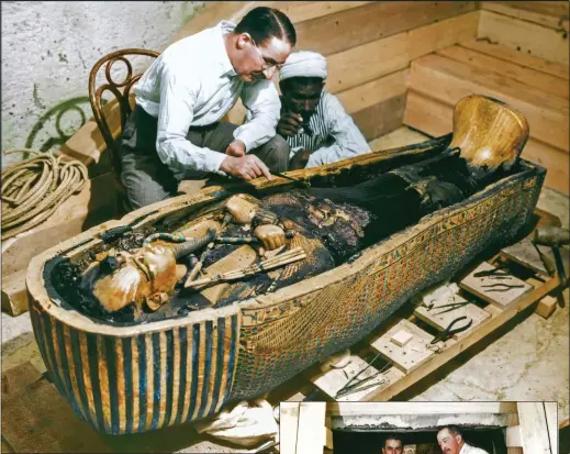  ??  ?? DAZZLING: Howard Carter and one of his colleagues carefully clean perfumed resin from the coffin and, top left, the exquisite death mask