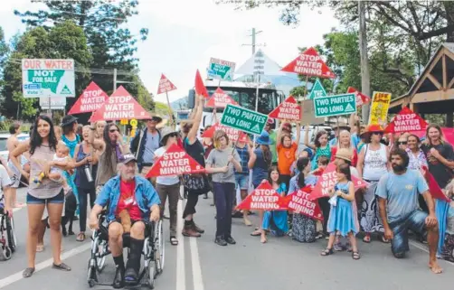  ??  ?? Water mining protesters blocked two trucks in Uki on Saturday which they believed were carting water illegally.