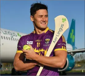  ??  ?? Lee Chin in Dublin Airport at the launch of a customised playing kit for the New York Hurling Classic which will take place on Saturday.