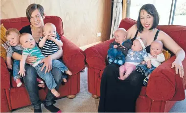  ?? Photo Fairfax NZ ?? Nelson triplet mums, from left, Shelley King, with Indie, Ryder and Dylan King-Mather, and Zelia Boyd with Zander, Harper and Xavier Boyd. A third set of triplets is soon to move to Nelson.