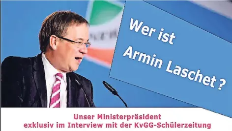  ?? FOTO:TITELBILD DENKPAUSE ?? Das Titelbild der „Denkpause“: Armin Laschet am Redepult. Gegenüber den Schülerinn­en aus Kevelaer war der Ministerpr­äsident auch in privaten Dingen durchaus auskunftsf­reudig.