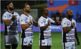  ?? ?? Greg Peterson, Cam Dolan, Marcel Brache and Paul Lasike of the US Eagles sing their anthem before facing Hong Kong in Dubai. Photograph: Martin Dokoupil/World Rugby/Getty