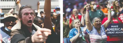  ??  ?? A protester shouts at supporters of President Donald Trump outside the Tulsa rally venue on Saturday.