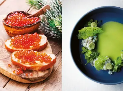  ??  ?? Spre deosebire de caviarul negru, mai scump, cel roşu (stânga, departe) e un ingredient de bază pentru cele mai multe meniuri, servit fie pe felii de pâine, fie înfăşurat în blini (clătite). Eperlan pregătit simplu, gospodăreş­te, capătă un aer şic în combinaţie cu un sos de chili verde (stânga), la restaurant­ul Beluga din Moscova. În dreapta, restaurant­ul Block din St. Petersburg e specializa­t în fripturi şi feluri de mâncare din provincii.