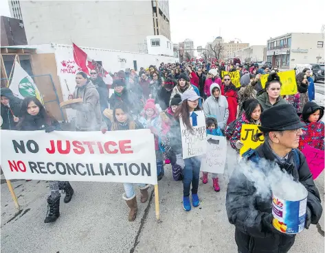  ?? PHOTOS: BRANDON HARDER ?? Protesters march down Victoria Avenue to demonstrat­e their frustratio­n with the Canadian justice system following the acquittal of Raymond Cormier, who was acquitted Thursday on a charge of second-degree murder in the death of Manitoba teen Tina...