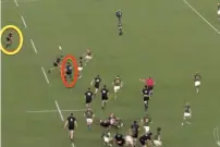  ??  ?? 5– Later on, with the game very much in the balance, the All Blacks brilliantl­y move through the gears with Mo’unga (red) at first receiver and Barrett (yellow) using his searing pace to get on the outside as he again looks to expose South Africa out wide.