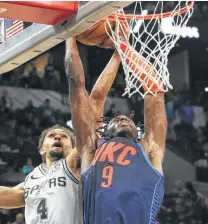  ?? Tom Reel / Staff photograph­er ?? Derrick White’s block at the rim on OKC’s Jerami Grant late in double overtime helped the Spurs finally put the game away.