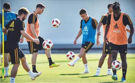  ?? AFP ?? Players of the Belgium’s national football team attend a training session in Dedovsk outside Moscow, yesterday, ahead of the 2018 World Cup play-off for third place at the Saint Petersburg Stadium in Saint Petersburg today.