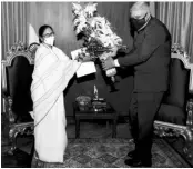  ?? PHOTO: PTI ?? TMC supremo Mamata Banerjee meets West Bengal Governor Jagdeep Dhankhar at Raj Bhavan on Monday