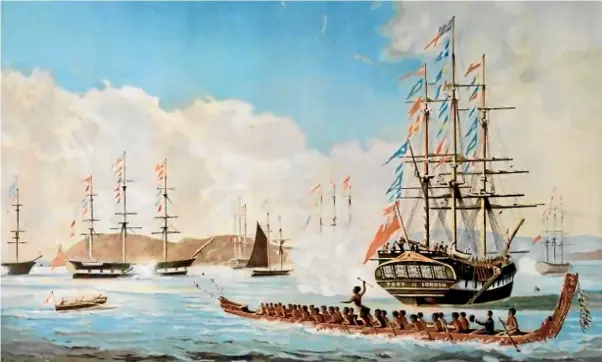  ?? ALEXANDER TURNBULL LIBRARY ?? A reconstruc­tion of the scene in Port Nicholson on March 8, 1840, as described by Jerningham Wakefield. Among the ships shown are the Glenbervie, Adelaide and Tory, with Ma¯ori paddling a canoe with Colonel William Wakefield as passenger. Matthew Thomas Clayton painted the scene about 60 years later.