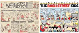  ?? ?? David Sutherland at work, and his first (1962) and last (2023) Bash Street Kids comic strips