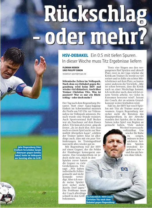  ??  ?? Jahn Regensburg (hier Dreifach-Torschütze Sargis Adamyan gegen Gotoku Sakai) hatte im Volkspark am Sonntag alles im Griff. Nachdenkli­ch: HSV-Coach Christian Titz nach dem Debakel gegen Regensburg