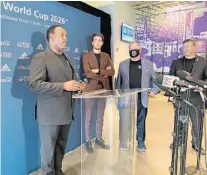  ?? RYAN GILLESPIE/ORLANDO SENTINEL ?? Orange County Mayor Jerry Demings, soccer star Kaká and Orlando Mayor Buddy Dyer speak with reporters after a luncheon as part of the city’s pitch to host World Cup games in 2026.