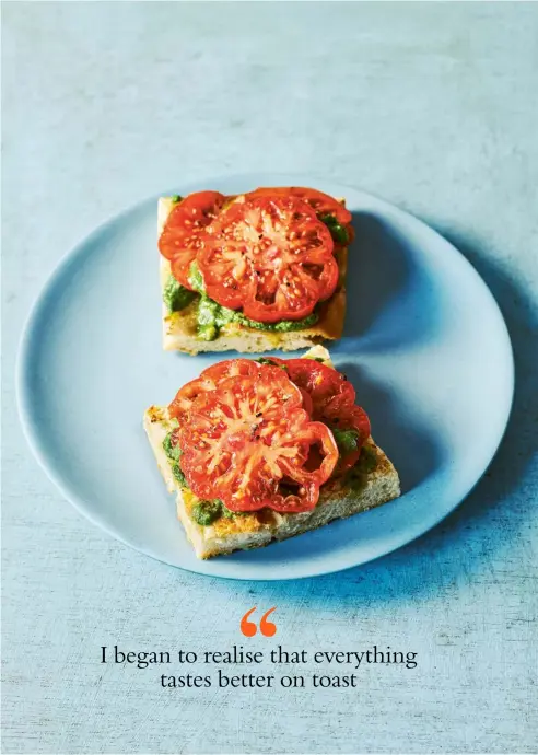  ?? Bliss On Toast by Prue Leith is published by Bloomsbury, £14.99, photograph­y by Haarala Hamilton. Available now ?? Tomatoes with English pesto on toasted focaccia
Ingredient­s