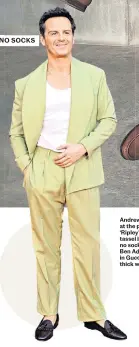  ?? ?? Andrew Scott, left, at the premiere of ‘Ripley’ with brown tassel loafers and no socks; Kingsley Ben Adir, above, in Gucci’s with thick white socks