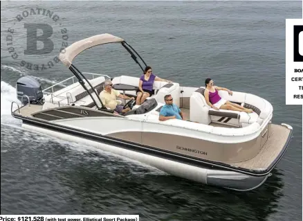  ??  ?? Price: $121,528 (with test power, Elliptical Sport Package)
SPECS: LOA: 25’3” BEAM: 8'6" DRAFT (MAX): 1'3" DRY WEIGHT: 3,238 lb. SEAT/WEIGHT CAPACITY: 14/1,974 lb. FUEL CAPACITY: 50 gal.
HOW WE TESTED: ENGINE: Yamaha 250 DRIVE/PROP: Outboard/Yamaha Saltwater Series II 153/4” x 15” 3-blade stainless steel GEAR RATIO: 1.75:1 FUEL LOAD: 50 gal. CREW WEIGHT: 390 lb.