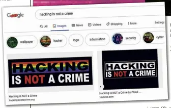  ??  ?? ABOVE “Hacking is NOT a crime” is NOT simply a sticker or trendy logo