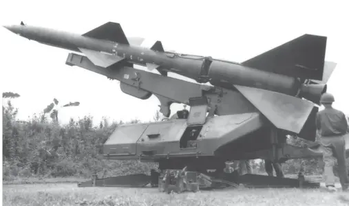  ?? (Photo by Gabor Palfai courtesy of Istvan Toperczer via author.) ?? Below: Soviet-supplied SA-2 SAMs quickly became one of the greatest threats to U.S. strike groups. Relatively mobile and lethal, the big 35-foot missiles could be launched from nearly any level area that could accommodat­e the launcher and its various support vans that helped aim and fire each SAM.