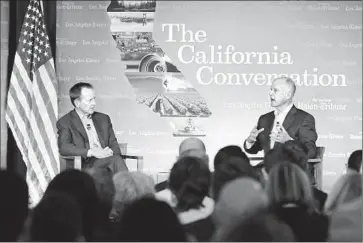  ?? Lawrence K. Ho Los Angeles Times ?? TIMES PUBLISHER Austin Beutner, left, asked Gov. Jerry Brown about water use in the state. “It’s a bit complicate­d for any glib answer,” Brown said before waxing philosophi­cal on water issues.