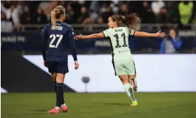  ?? Against Paris FC. Photograph: Harriet Lander/Chelsea FC/Getty Images ?? Guro Reiten celebrates scoring Chelsea’s third in their dominant Champions League win